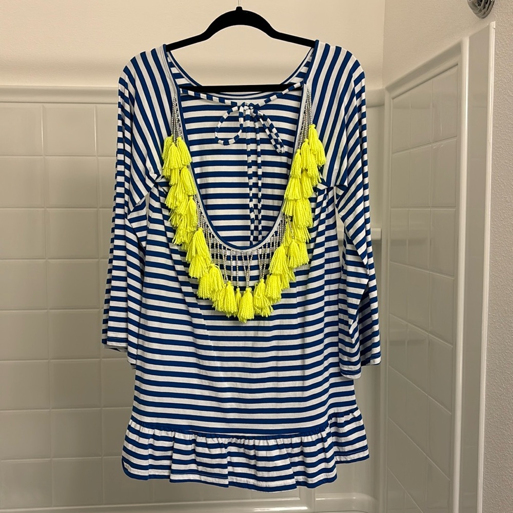 SUNDRESS Striped Low Back Beaded Dress, XS/S